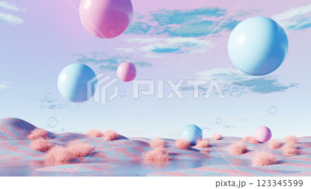 3D render, Surreal floating spheres in pink and blue landscape with soft clouds 123345599