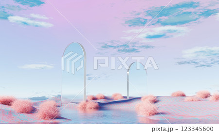3D render, Surreal mirrored arches in pastel pink and blue landscape with floating clouds 3D render, Surreal mirrored arches in pastel pink and blue landscape with floating clouds 123345600