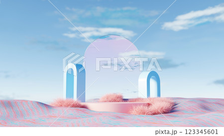 3D render, Surreal blue arches with mirrored reflection in a pastel pink landscape 3D render, Surreal blue arches with mirrored reflection in a pastel pink landscape 123345601