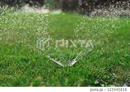 Automatic lawn watering watering green grass. 123345818