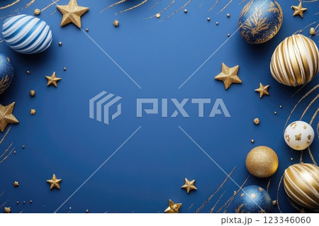 Elegant blue and gold easter eggs with star confetti on textured background 123346060