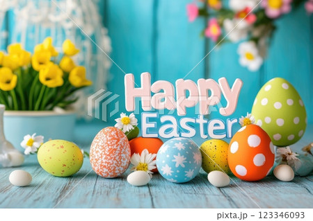 Colorful easter eggs with daisies and flowers on blue wooden background 123346093