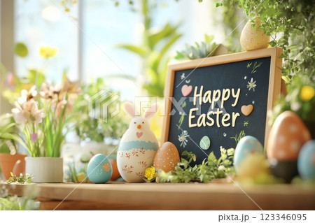 Happy easter celebration with decorative eggs and flowers on rustic wooden table 123346095