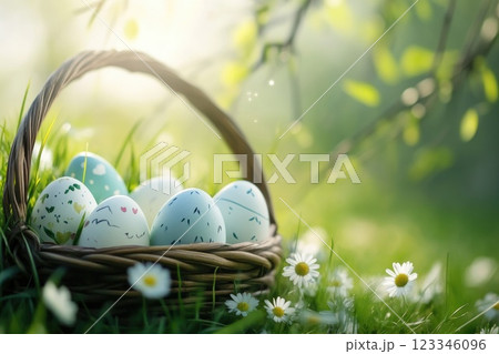 Colorful easter eggs in basket amidst spring blossoms and sunlit garden 123346096