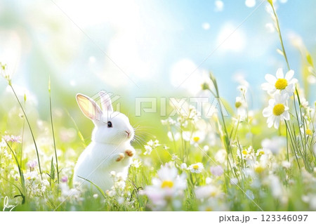 Adorable white rabbit surrounded by vibrant wildflowers in sunny field 123346097