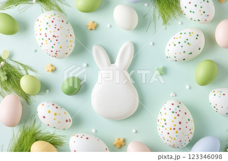 Festive easter arrangement with decorative eggs and bunny on pastel background 123346098