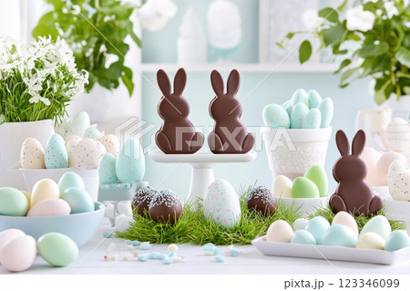 Colorful easter bunny chocolate eggs in decorative cups surrounded by festive easter eggs and spring flowers 123346099