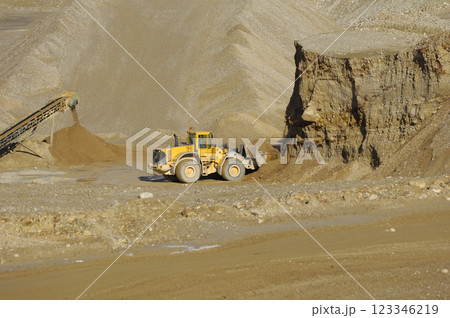 A yellow wheel loader is working in gravel pit A yellow wheel loader is working in gravel pit 123346219