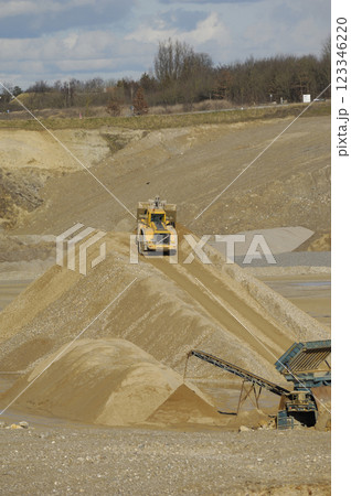 A yellow wheel loader is working in gravel pit A yellow wheel loader is working in gravel pit 123346220