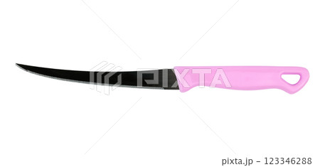 The image shows a curved knife with a pink handle for cooking tasks The image shows a curved knife with a pink handle for cooking tasks 123346288