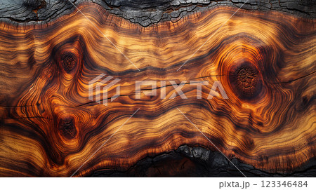 Unique patterns emerge on weathered wood surface illuminated by warm light. Generative AI Unique patterns emerge on weathered wood surface illuminated by warm light. Generative AI 123346484