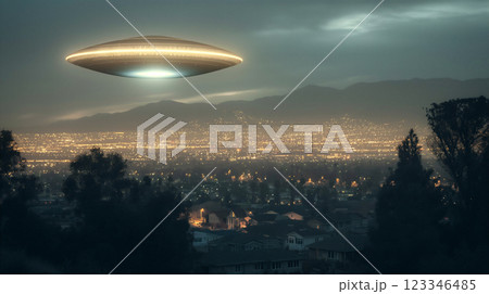 Mysterious flying saucer hovers above quiet rural town under clear sky during midday. Generative AI Mysterious flying saucer hovers above quiet rural town under clear sky during midday. Generative AI 123346485