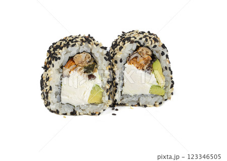 Sushi roll on a white background with Philadelphia cheese, salmon and sprinkled with sesame seeds. 123346505