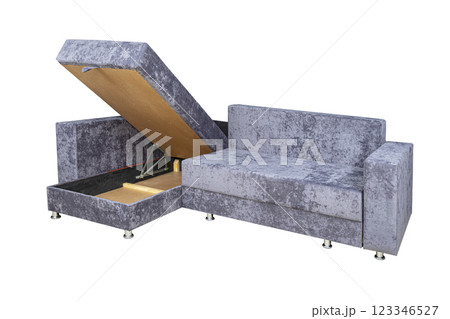 Gray unfolded sofa with velor fabric pillows isolated on a white background. Cushioned furniture. Gray unfolded sofa with velor fabric pillows isolated on a white background. Cushioned furniture. 123346527