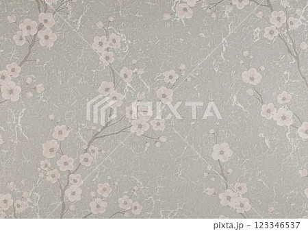 A piece of paper grey textured wallpaper with a Japanese sakura pattern. 123346537