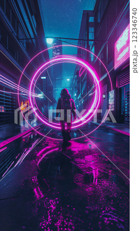 Person walking through neon-lit urban alley at night with glowing circles. Generative AI 123346740