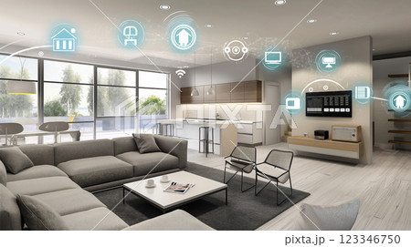 Modern living room integrated with smart technology and open kitchen design. Generative AI 123346750