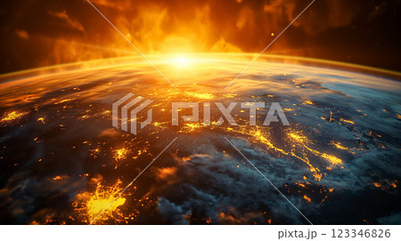 A breathtaking view of Earth illuminated by sunrise from space. Generative AI 123346826