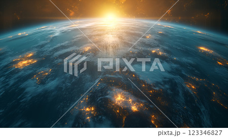 A breathtaking view of Earth illuminated by sunrise from space. Generative AI 123346827