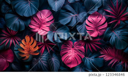 Neon tropical plants wallpaper with vibrant foliage on deep blue background. Generative AI 123346846