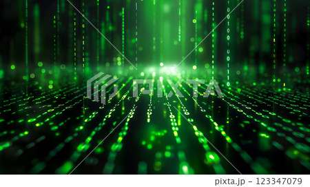 Digital green binary code raining down in vibrant virtual abstract background. Generative AI Digital green binary code raining down in vibrant virtual abstract background. Generative AI 123347079