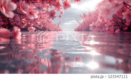 Pink Blossom Archway Over Water. Generative AI Pink Blossom Archway Over Water. Generative AI 123347111