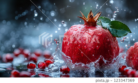 Pomegranate splashing in water while droplets scatter around in dynamic motion. Generative AI 123347369