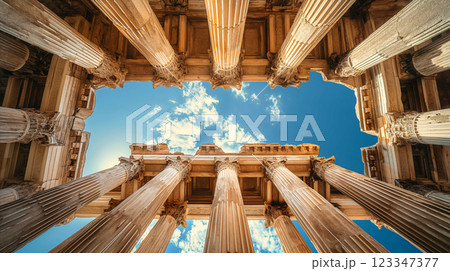 Architectural marvel of ancient columns illuminated from above in a historic site. Generative AI Architectural marvel of ancient columns illuminated from above in a historic site. Generative AI 123347377