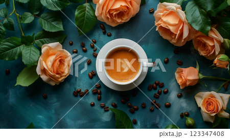 A warm cup of coffee surrounded by fresh peach roses and coffee beans. Generative AI A warm cup of coffee surrounded by fresh peach roses and coffee beans. Generative AI 123347408