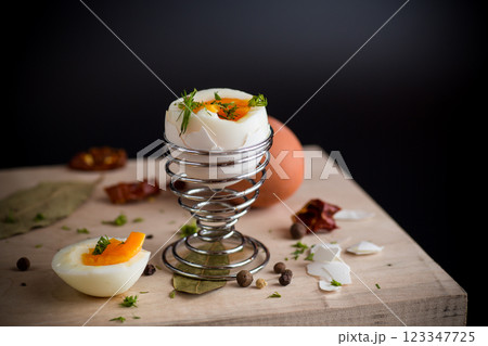 morning soft boiled egg for breakfast, isolated on black background morning soft boiled egg for breakfast, isolated on black background 123347725