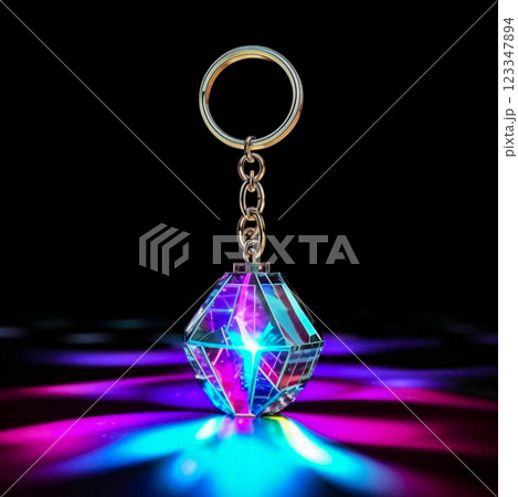 Faceted round glass keychain. Glass keychain in neon color with multiple facets. Faceted round glass keychain. Glass keychain in neon color with multiple facets. 123347894