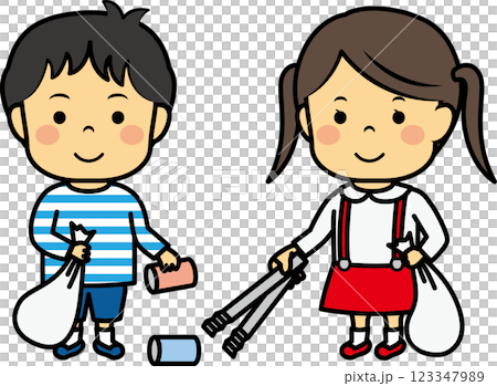 Elementary school students picking up trash Elementary school students picking up trash 123347989