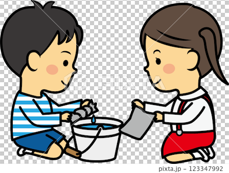 小學男孩和女孩擰乾抹布 123347992