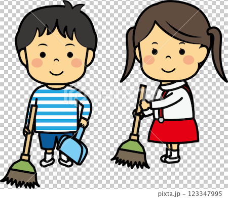 Elementary school boys and girls cleaning with brooms 123347995