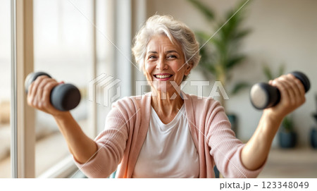 Smiling older woman exercising in bright hall, the concept of health activities that support an active lifestyle for older people and improve health and well-being 123348049