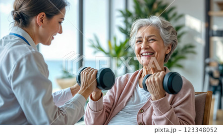 Elderly woman lifting dumbbells under guidance, personal coaching by a physiotherapist, supportive therapy providing safe and active exercise for older adults Elderly woman lifting dumbbells under guidance, personal coaching by a physiotherapist, supportive therapy providing safe and active exercise for older adults 123348052