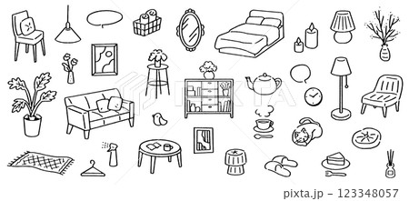 住居にまつわるインテリアの手書きベクターイラスト。ソファやベットなどの家具セット。 123348057