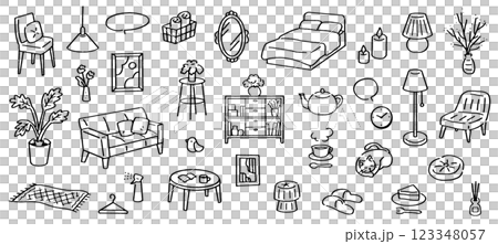 住居にまつわるインテリアの手書きベクターイラスト。ソファやベットなどの家具セット。 123348057
