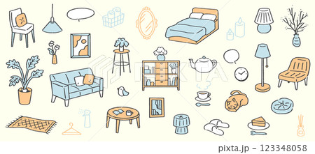 住居にまつわるインテリアの手書きベクターイラスト。ソファやベットなどの家具セット。 123348058