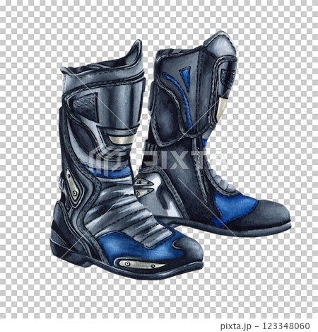 Pair of motorcycle boots. Moto footwear. Leg protection for biker. Moto gear. Watercolor illustration isolated from the background. For motorcycle clothing store, equipment store design. Road safety Pair of motorcycle boots. Moto footwear. Leg protection for biker. Moto gear. Watercolor illustration isolated from the background. For motorcycle clothing store, equipment store design. Road safety 123348060
