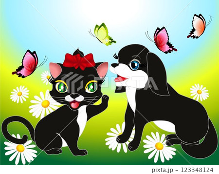 Kitten and the dog on the meadow. 123348124