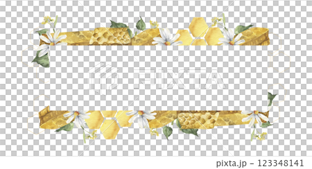 Sweet honey banner template with yellow honeycombs and pieces decorated with chamomile and linden illustrations. Hand drawn watercolor frame for cosmetics, product pacing, web poster logo design 123348141