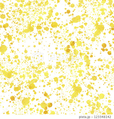 Watercolor abstract yellow seamless pattern with splashes. Hand drawn textured background for festive design, textile, fabric, product packing. Sunny summer strokes 123348142