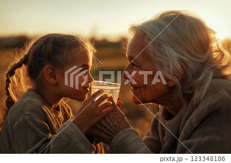 Little granddaughter gives a glass of clean drinking water to her granny, a moment of family unity and care, timely hydration and care for family health, drinking water availability concept 123348186