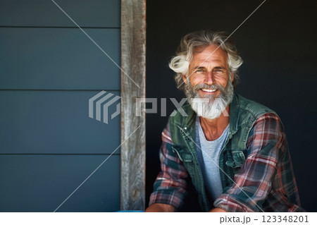 Portrait of mature bearded man in window of self-built village house, contented male carpenter enjoying results of his work, traditional crafts concept Portrait of mature bearded man in window of self-built village house, contented male carpenter enjoying results of his work, traditional crafts concept 123348201