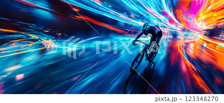 cycling concept, athlete on a bicycle moves through a tunnel with bright blurred neon lights, the background emphasizes the speed of movement, art poster for the interior of a bike shop 123348270
