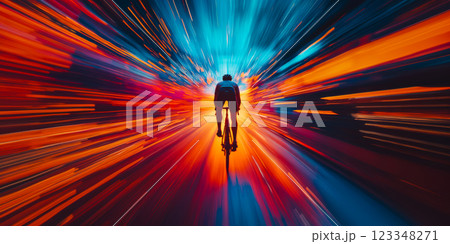Abstract poster with bright neon colors and a man on a bicycle rushing to the center of the poster the background emphasizes the speed of movement, the concept of a bicycle in city Abstract poster with bright neon colors and a man on a bicycle rushing to the center of the poster the background emphasizes the speed of movement, the concept of a bicycle in city 123348271
