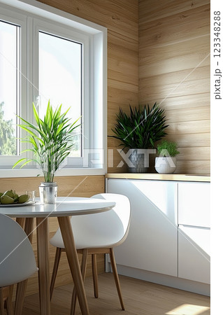 Vertical poster modern home kitchen with a minimalist approach, combining clean lines, dark tones and natural materials in Mocha Mousse color to create a warm, cozy atmosphere 123348288