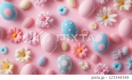 Colorful felted Easter eggs and flowers in pastel hues create a vibrant seamless pattern 123348349