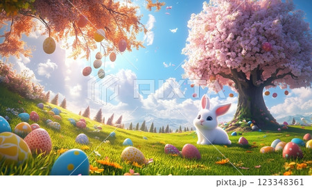 Enjoying a colorful Easter celebration with bunnies and decorated eggs under a tree 123348361